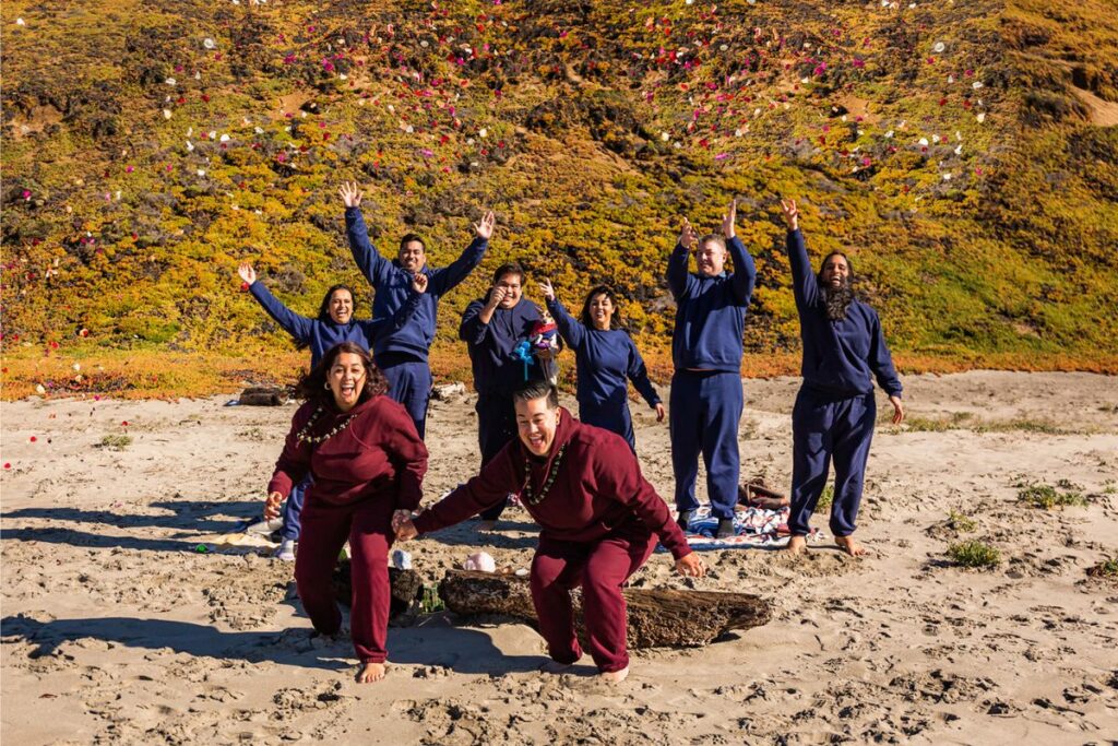 wedding party wearing matching sweat suits 