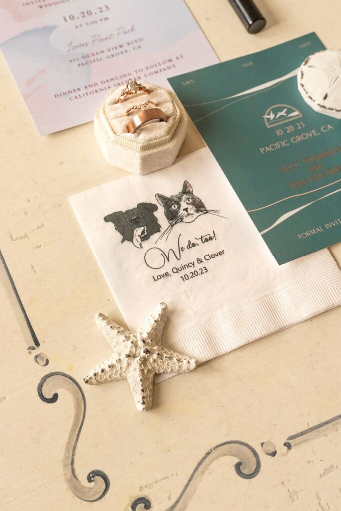 cute pet illustration on a napkin as one of the nontraditional wedding ideas