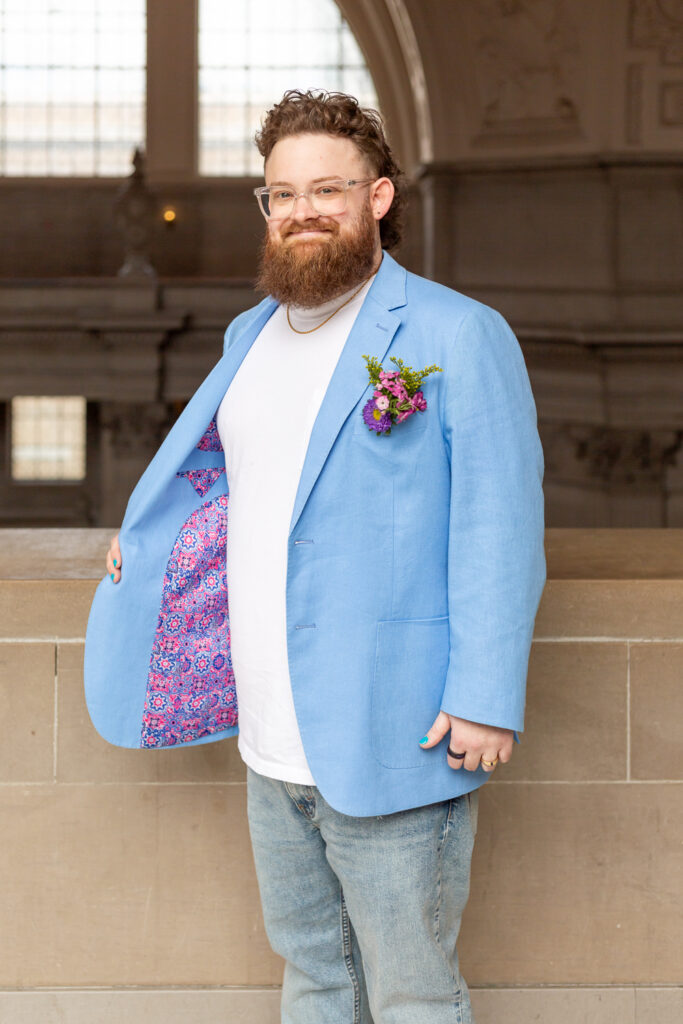 custom light blue wedding suit jacket with pink and blue floral liner