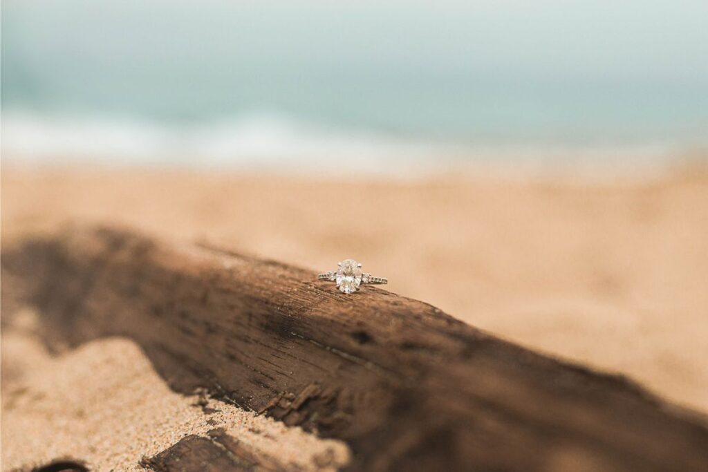 A highlight on an engagement ring as a part of Santa Cruz engagement photos