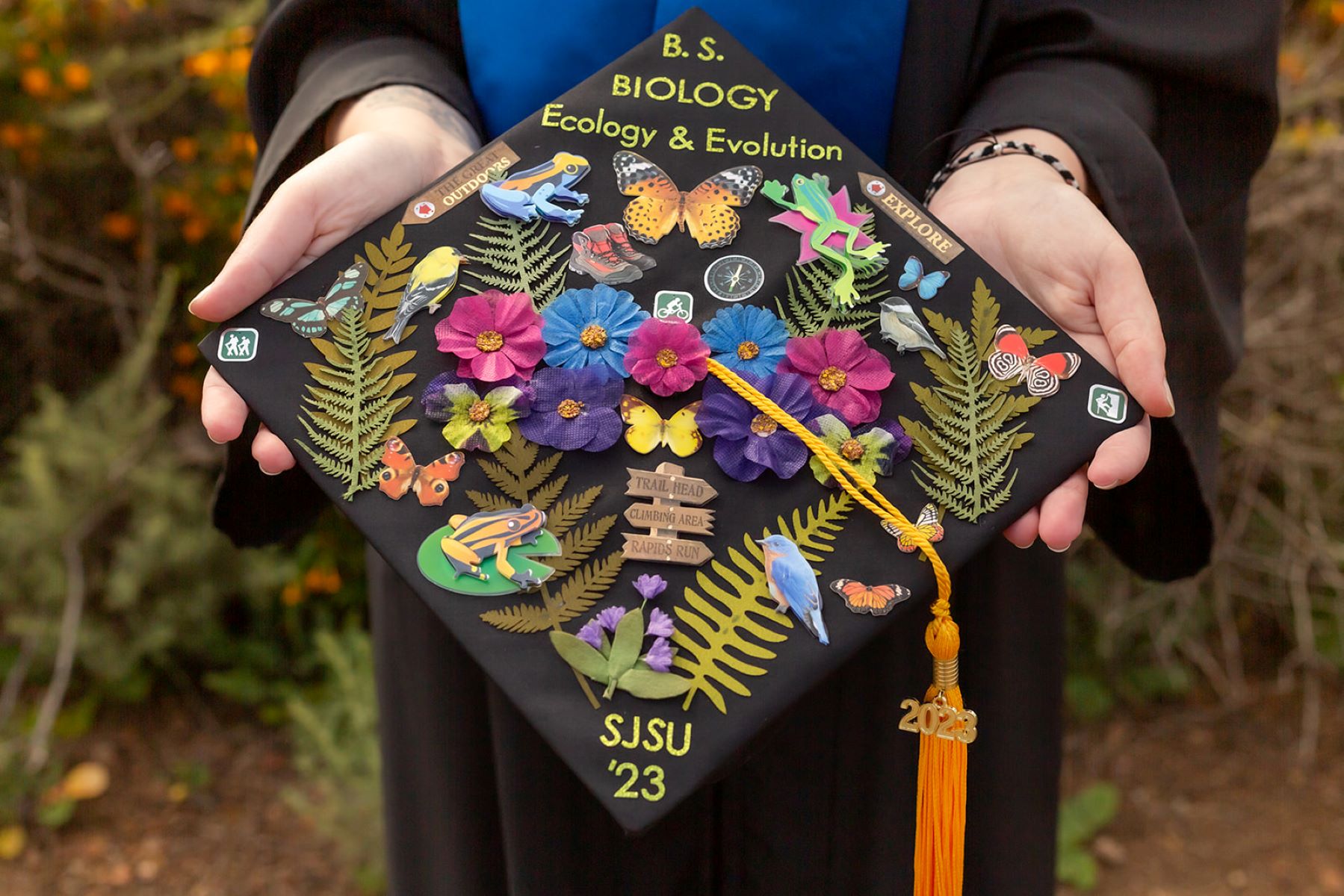 a black graduation cap that is decorated with flowers, plants, birds, and butterflies 