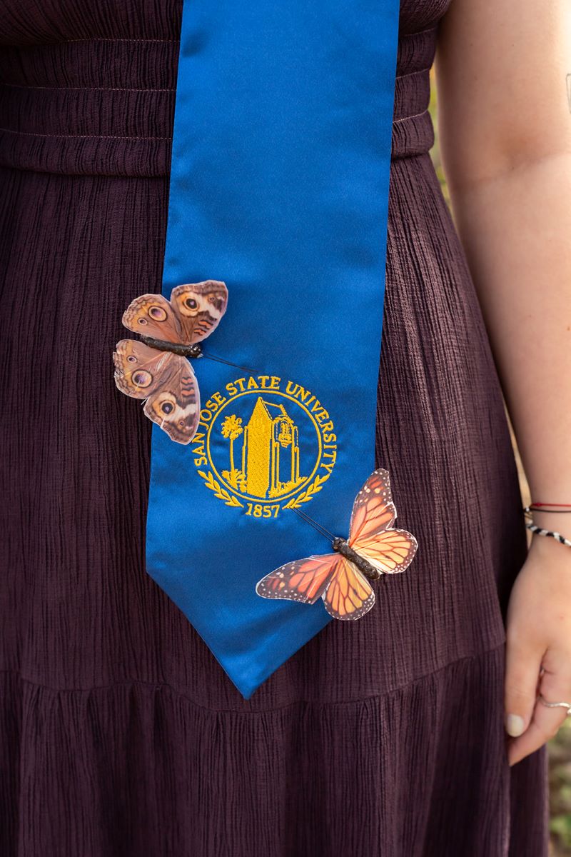 A blue graduation stole that says San Jose State University decorated with two butterflies 