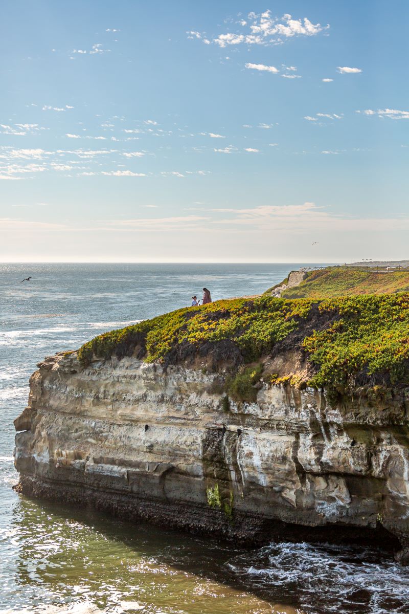 Couple on a rock by the ocean one is proposing to the other 