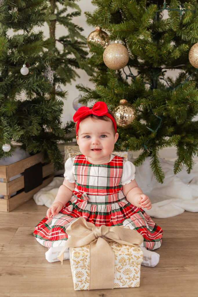 A child in a red plaid dress smiles with a present. A christmas tree is behind them.