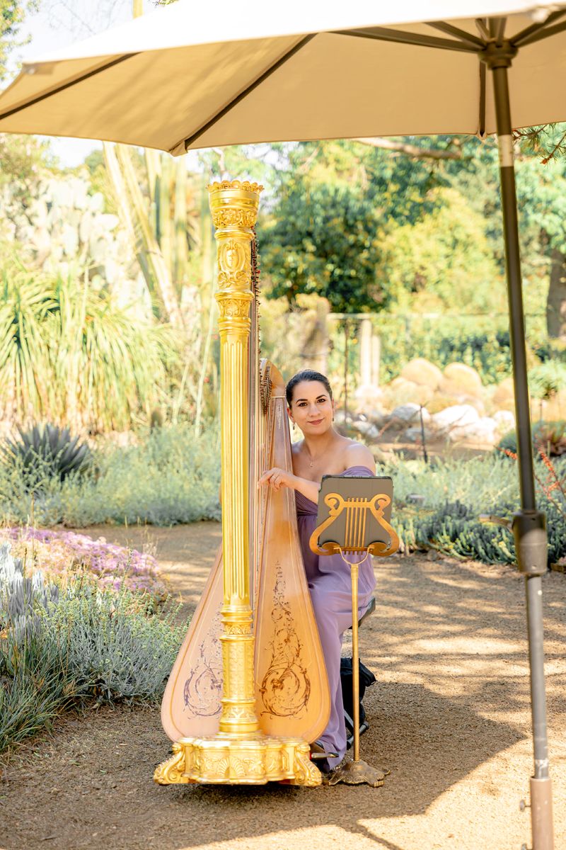 a woman sitting in the ruth bancroft garden playing a harp