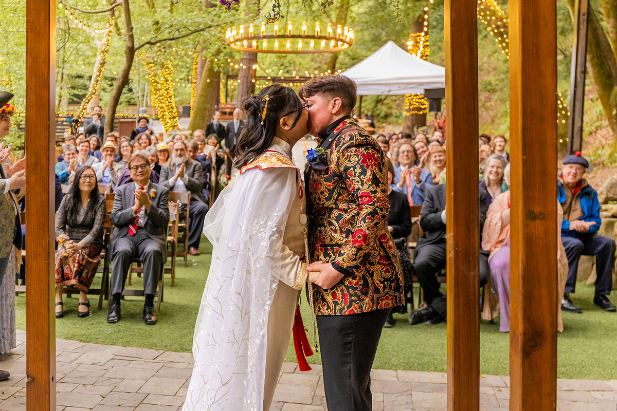 A newlywed couple during their first kit at the Saratoga Springs wedding venue California