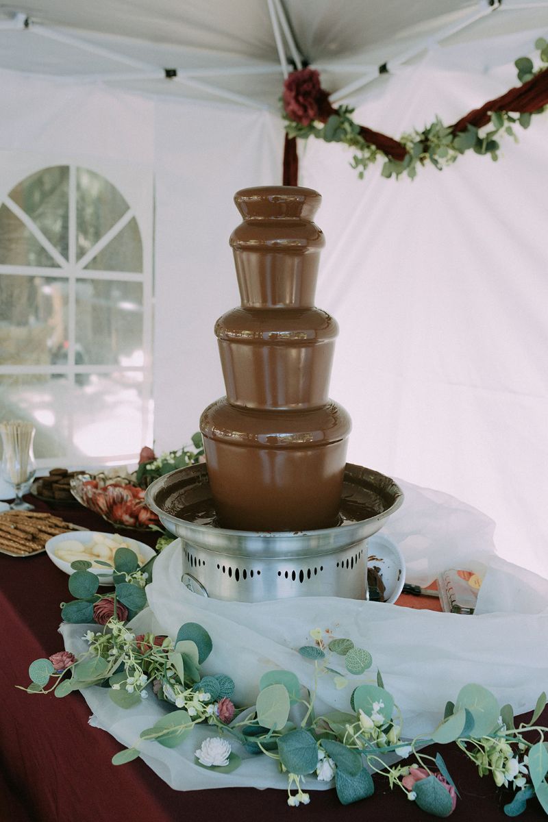 a chocolate fountain surrounded by strawberries and pretzels inside of a white tent