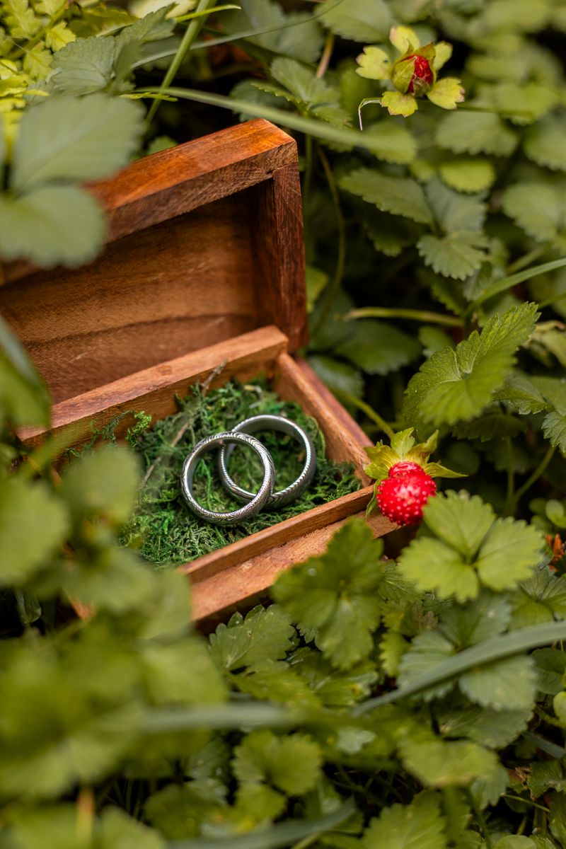 two silver rings in a wooden box in a berry bush 