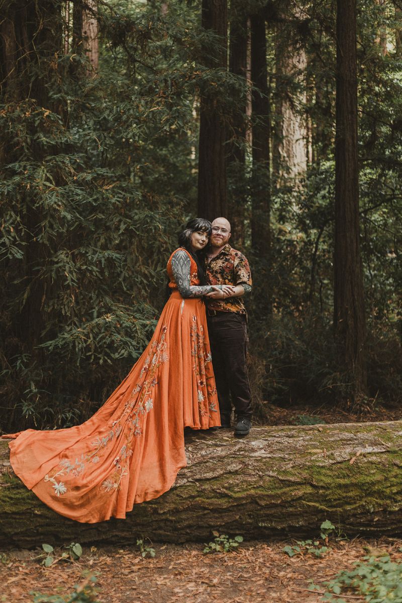 a couple standing on top of a tree trunk in henry cowell state park embracing each other surrounded by the forest 