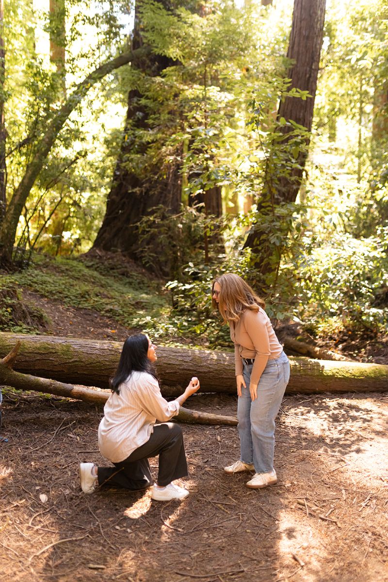 an lgbtq+ surprise proposal in henry cowell state park between two women 